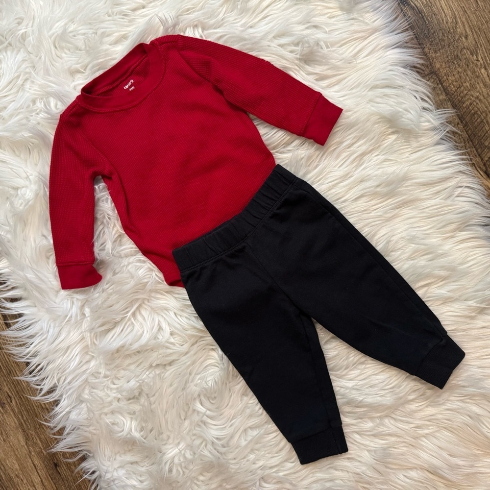 Carter’s Baby Boy 6M Outfit Set Red Thermal Elbow Patch Bodysuit Black Pants